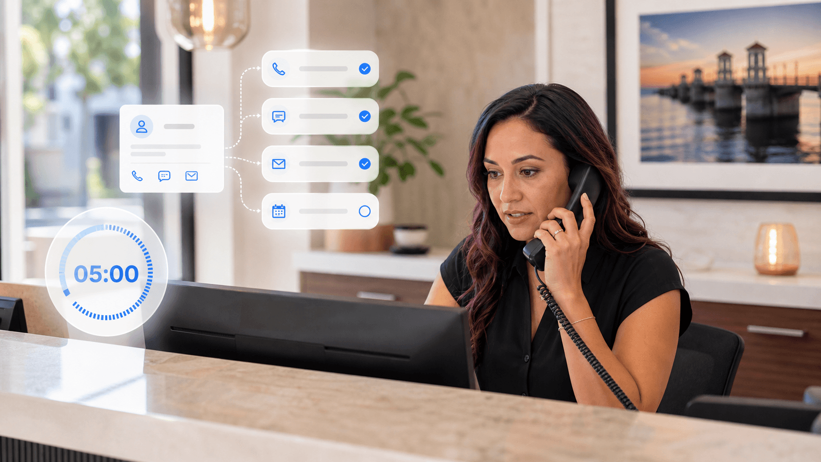 Front desk coordinator using a Speed-to-Lead system to respond to a new local service inquiry.