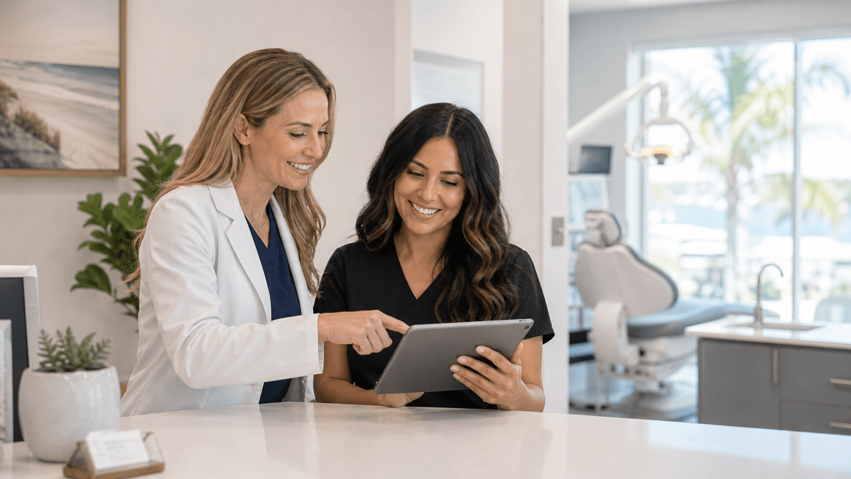 Medical practice team reviewing patient appointment follow-up in a clinic office.