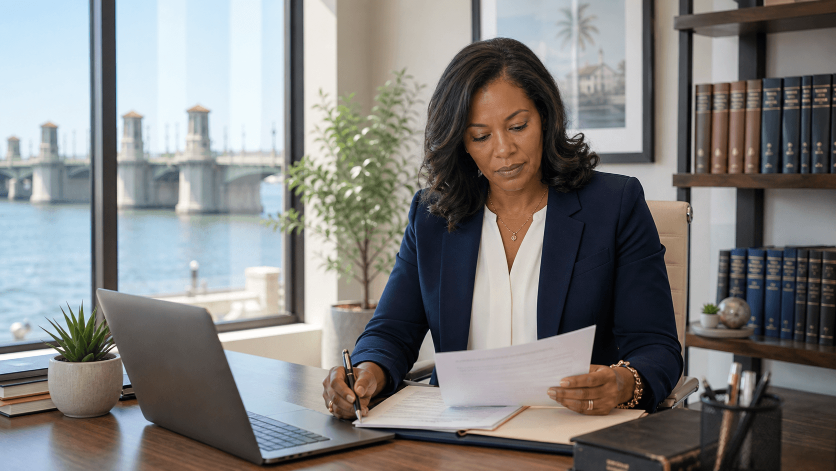 Black female attorney reviewing client intake notes in a coastal law office.