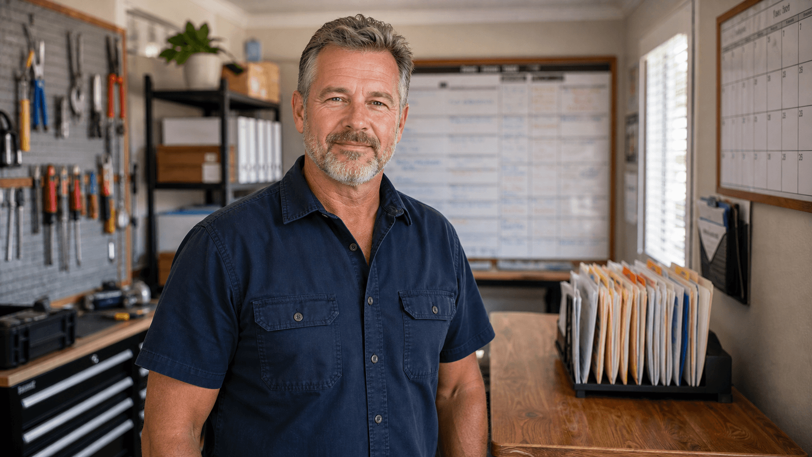 Contractor business owner standing in a dispatch room with job folders and tools.