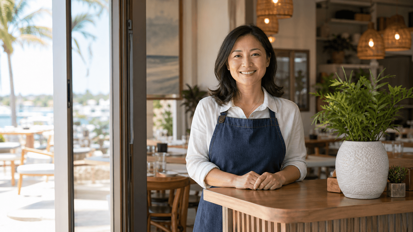 Local cafe owner smiling at the counter after earning strong customer reviews.