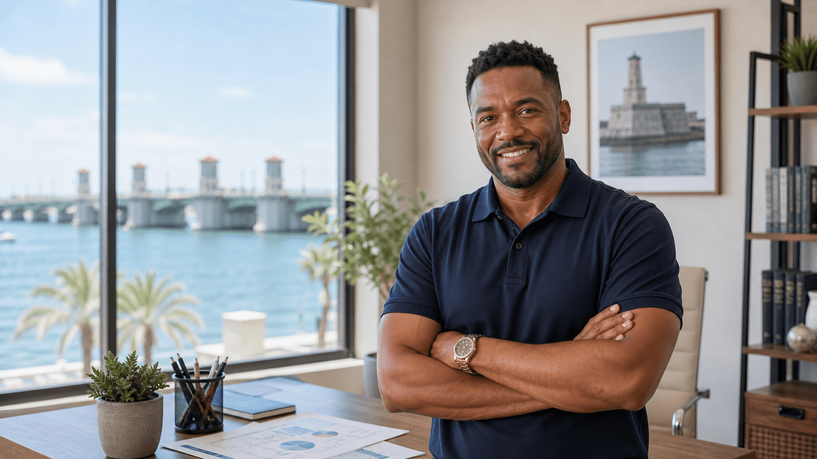 St. Johns County business owner smiling in a bright coastal workspace.